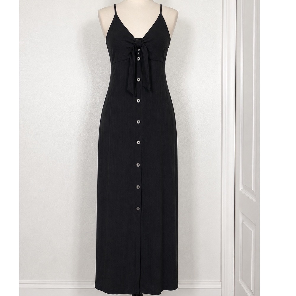 Blashe Black Ribbed Tie Front Button Down Maxi Dress Large